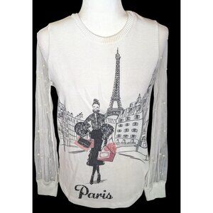Love + Lace Paris Themed Top With Sheer Sleeves And Faux Pearl Accents